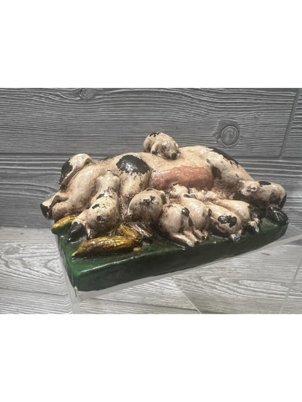 Vintage Mother Pig and Baby Piglets Ceramic Figure Black And Cream Farmhouse